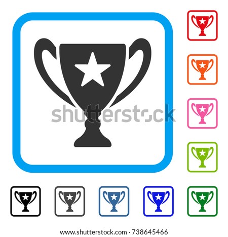 Trophy Cup icon. Flat gray iconic symbol inside a light blue rounded rectangular frame. Black, gray, green, blue, red, orange color variants of Trophy Cup vector. Designed for web and app interfaces.