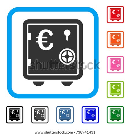 Euro Banking Safe icon. Flat grey pictogram symbol inside a light blue rounded rectangular frame. Black, gray, green, blue, red, orange color variants of Euro Banking Safe vector.