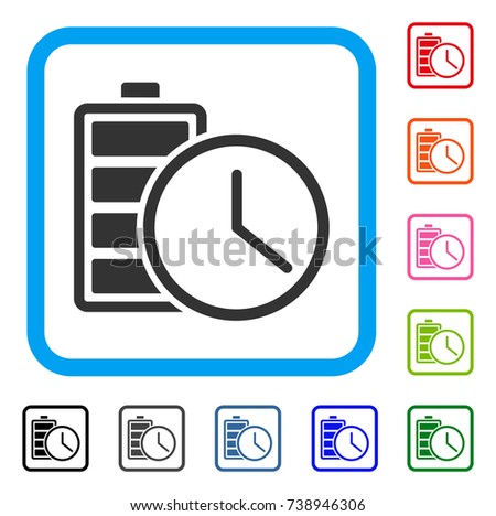Battery Time icon. Flat gray iconic symbol in a light blue rounded rectangle. Black, gray, green, blue, red, orange color versions of Battery Time vector. Designed for web and app interfaces.