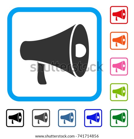 Megaphone icon. Flat gray iconic symbol in a light blue rounded rectangle. Black, gray, green, blue, red, orange color variants of Megaphone vector. Designed for web and application UI.