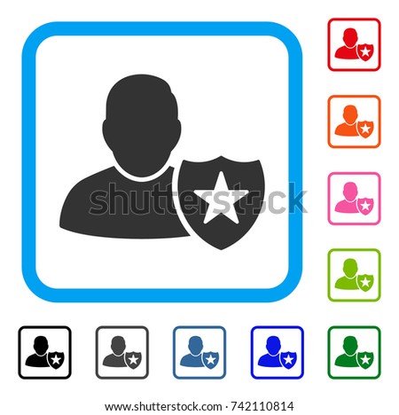 User Protection Shield icon. Flat grey iconic symbol inside a light blue rounded squared frame. Black, gray, green, blue, red, orange color variants of User Protection Shield vector.