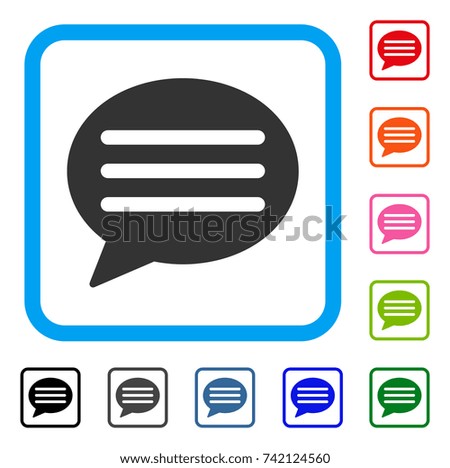 Message Cloud icon. Flat grey iconic symbol in a light blue rounded frame. Black, gray, green, blue, red, orange color versions of Message Cloud vector. Designed for web and app UI.