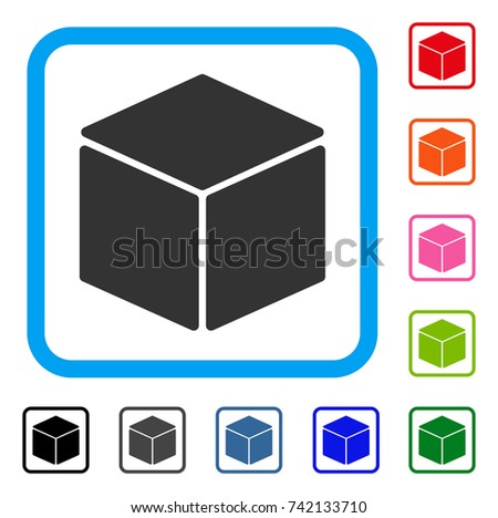 Cube icon. Flat gray iconic symbol in a light blue rounded rectangle. Black, gray, green, blue, red, orange color versions of Cube vector. Designed for web and software UI.