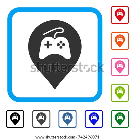 Video Games Marker icon. Flat gray pictogram symbol in a light blue rounded square. Black, gray, green, blue, red, orange color variants of Video Games Marker vector.