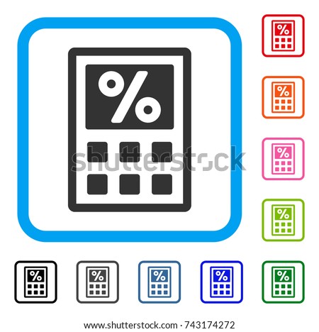 Tax Calculator icon. Flat gray pictogram symbol inside a light blue rounded squared frame. Black, gray, green, blue, red, orange color variants of Tax Calculator vector.