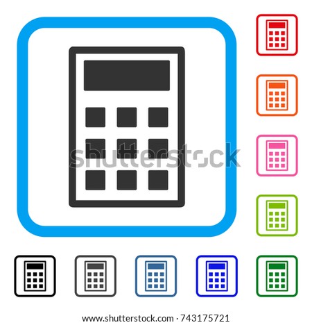 Calculator icon. Flat grey pictogram symbol inside a light blue rounded rectangular frame. Black, gray, green, blue, red, orange color variants of Calculator vector.