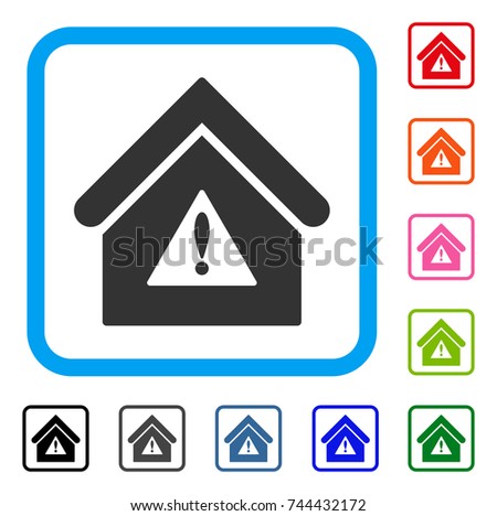 Warning Building icon. Flat grey iconic symbol in a blue rounded square. Black, gray, green, blue, red, orange color variants of Warning Building vector. Designed for web and software user interface.