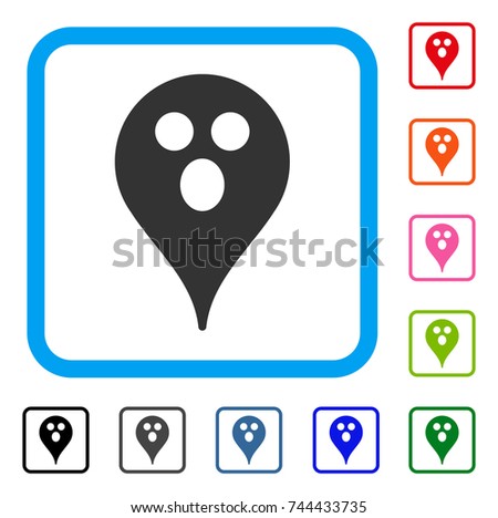 Surprized Smiley Map Marker icon. Flat gray pictogram symbol inside a blue rounded frame. Black, gray, green, blue, red, orange color additional versions of Surprized Smiley Map Marker vector.