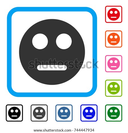 Neutral Smiley icon. Flat gray iconic symbol inside a blue rounded rectangular frame. Black, gray, green, blue, red, orange color versions of Neutral Smiley vector. Designed for web and app UI.