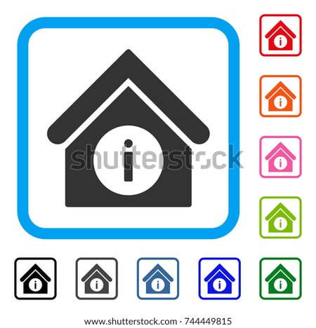 Info Building icon. Flat gray pictogram symbol in a blue rounded frame. Black, gray, green, blue, red, orange color variants of Info Building vector. Designed for web and app UI.