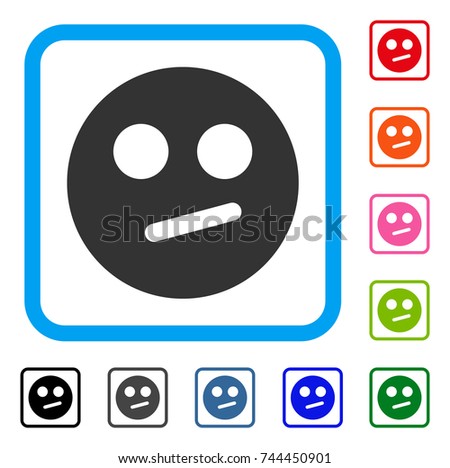 Indifferent Smiley icon. Flat gray pictogram symbol in a blue rounded squared frame. Black, gray, green, blue, red, orange color variants of Indifferent Smiley vector.