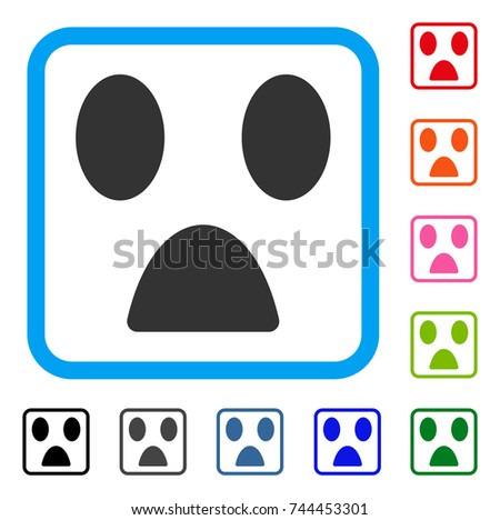 Fear Smile icon. Flat grey iconic symbol inside a blue rounded rectangular frame. Black, gray, green, blue, red, orange color variants of Fear Smile vector. Designed for web and app interfaces.