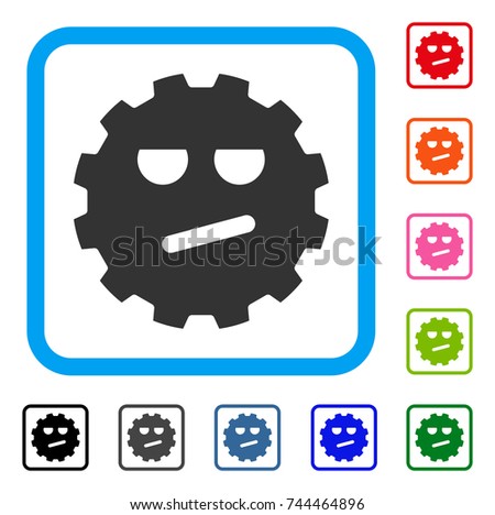 Angry Smiley Gear icon. Flat grey pictogram symbol inside a blue rounded squared frame. Black, gray, green, blue, red, orange color versions of Angry Smiley Gear vector.