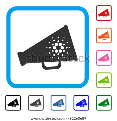 Cardano Megaphone icon. Flat grey pictogram symbol inside a blue rounded square. Black, gray, green, blue, red, pink color variants of cardano megaphone vector.