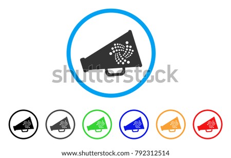 Iota Megaphone rounded icon. Style is a flat grey symbol inside light blue circle with additional color variants. Iota Megaphone vector designed for web and software interfaces.
