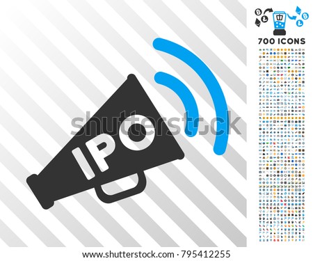 Ipo News Megaphone icon with 7 hundred bonus bitcoin mining and blockchain pictographs. Vector illustration style is flat iconic symbols designed for crypto-currency websites.