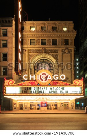 CHICAGO, USA - APRIL 18, 2014: The famous Chicago Theater on State Street in Chicago, Illinois, The iconic marquee often appears in films and television.