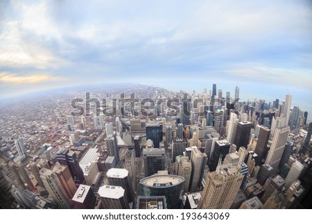Fish eye City of Chicago. Aerial view of Chicago downtown at sunset from high above.