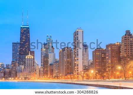 Chicago skyline. Chicago downtown skyline at dusk.
