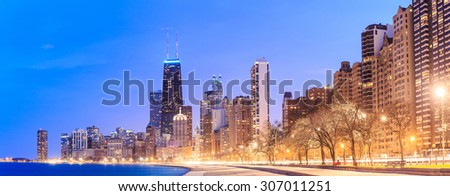 Panorama Chicago skyline. Chicago downtown skyline at dusk.