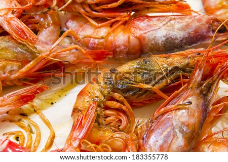 Grilled prawns on ceramic plate and white background