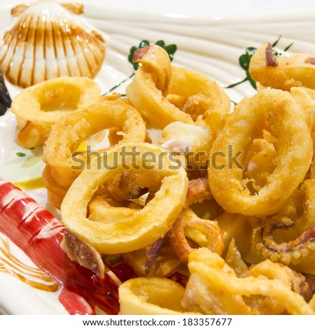 Seafood, Fried Calamari on a white plat