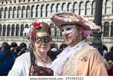 VENICE, ITALY, FEBRUARY 12, 2012: Carnival of Venice, beautiful masks at St. Mark\'s Square