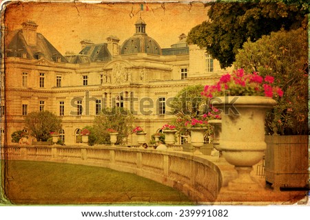 The beautiful view of the Luxembourg Gardens in Paris in vintage style, France