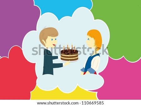 the boy tells wishes to the girl happy birthday and gives a pie