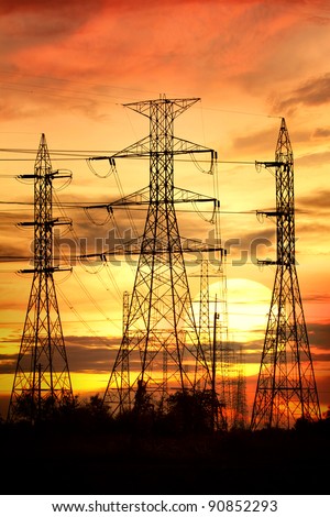 Electric grid network power high voltage at sunset