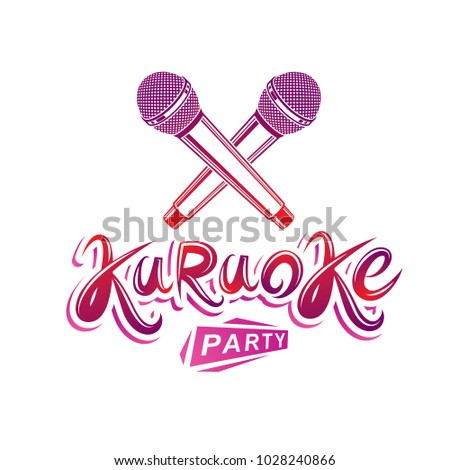 Karaoke party lettering, rap battle vector emblem created using two crossed microphones audio equipment.  
