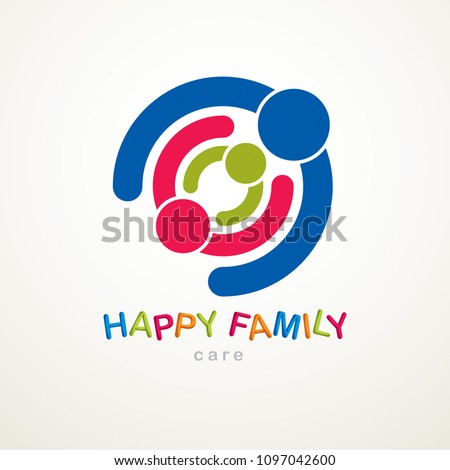 Happy family vector logo or icon created with simple geometric shapes. Tender and protective relationship of father, mother and child. Together as one system relations.