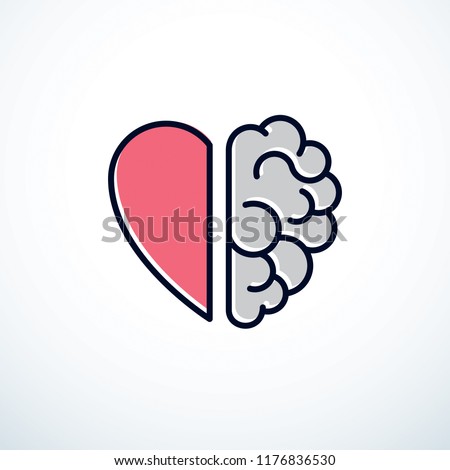 Heart and Brain concept, conflict between emotions and rational thinking, teamwork and balance between soul and intelligence. Vector logo or icon design.