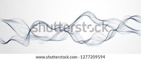Dynamic particles mutual sound wave flowing. Double dotted curves vector abstract background. Beautiful 3d wave shaped split array of blended points.
