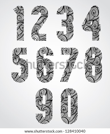 Retro Shaped Bold Numbers, Old Style Numerals With Hand Drawn Curly ...