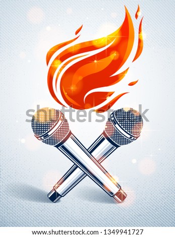 Two microphones crossed on fire, hot mic in flames, rap battle rhymes music, karaoke singing, vector logo or illustration, concert festival or night club label, t-shirt print.