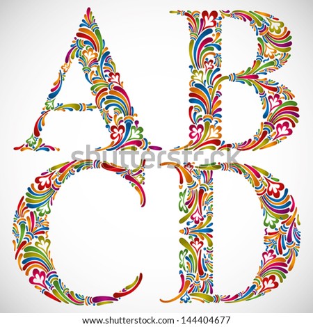 Colorful Floral Font, Ornate Alphabet Letters A B C D, Vector ...
