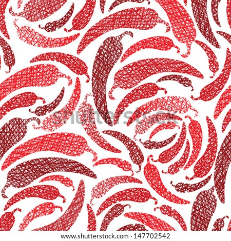 Red Hot Chilly Peppers seamless pattern, Mexican food theme seamless background, vector, hand drawn lines textures used.