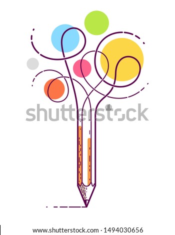 Graphic pencil with curly lines symbolizes creativity, vector logo illustration.