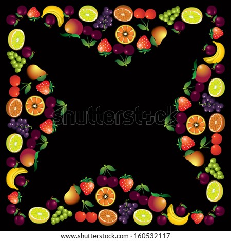 Fruits frame made with different fruits over dark background, healthy food theme composition, vector illustration.