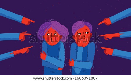 Shaming and blaming vector concept, hands pointing finger on young couple feeling uncomfortable and scared, discrimination problem of cruel and intolerant behavior in social groups.