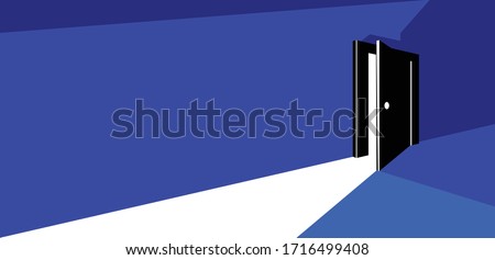 Half open secret door new opportunities concept vector illustration, fear of the unknown, step inside the future, what is behind, what is there.