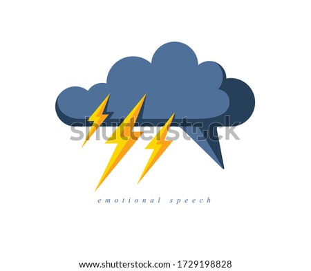 Motivational emotional speech vector concept shown with speech bubble in shape of cloud and lightning bolt, touching monolog, excited speaker.