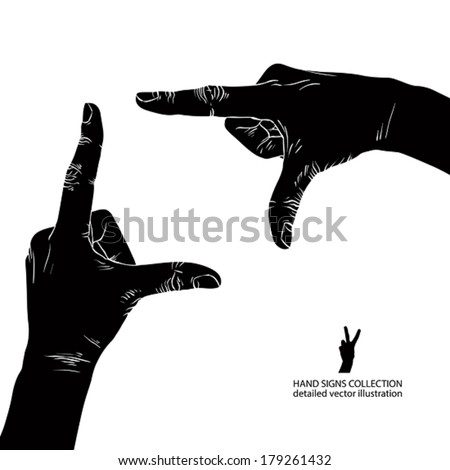 Hands shaped in viewfinder, detailed black and white vector illustration.