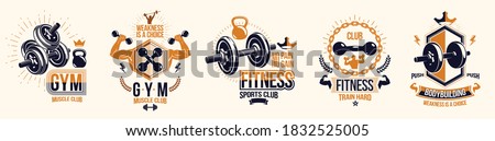 Gym fitness sport emblems and logos vector set isolated with barbells dumbbells kettlebells and muscle body man silhouettes and hands, athletics workout sport club, active lifestyle. Photo stock © 