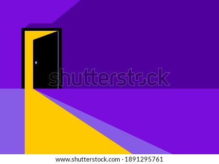 Half open secret door new opportunities concept vector illustration, fear of the unknown, step inside the future, what is behind, what is there.