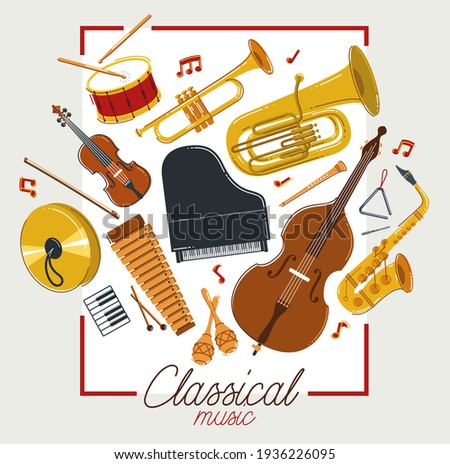 Classical music instruments poster vector flat style illustration, classic orchestra acoustic flyer or banner, concert or festival live sound, diversity of musical tools.