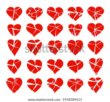 Hearts broken to pieces like a glass vector logos or icons set, broken heart concept, breakup or divorce, heartbreak regret, separated couple, tragic love.