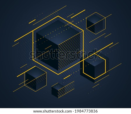 Abstract vector design with cluster of black 3D cubes with golden elements vector background, royal elite luxury geometric illustration, can be used for modern jewelry ad.