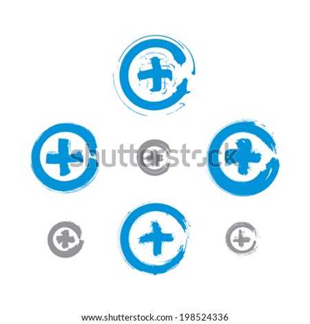 Set of hand-drawn validation icons scanned and vectorized, collection of brush drawing plus signs, hand-painted maximize symbols isolated on white background.